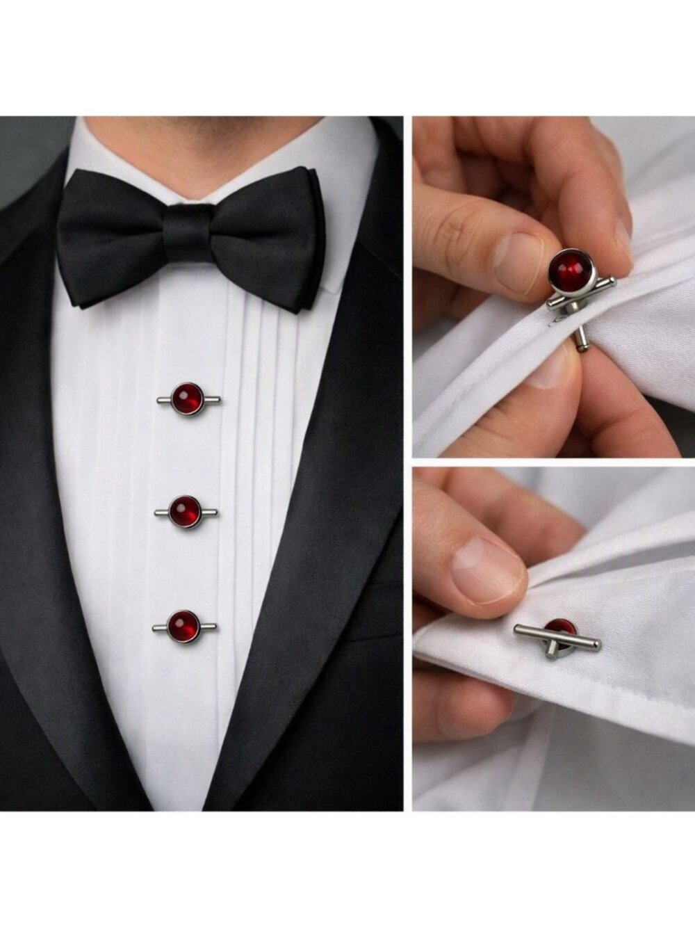 Red Rhinestone Dress Tuxedo Shirt Studs Swank Set 3 Silver Bar‑Back USA Formal
